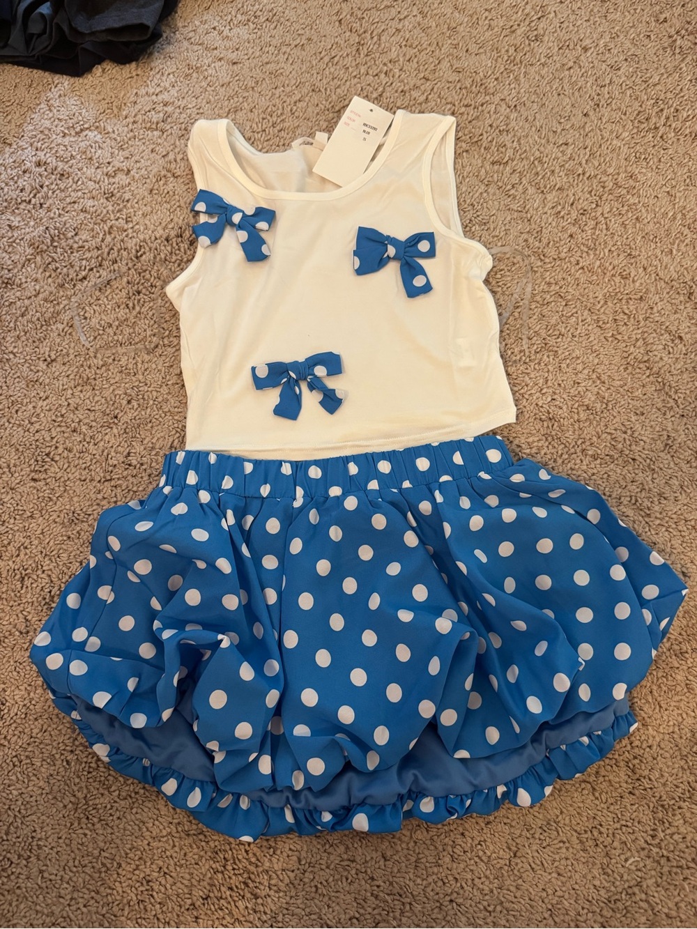 Polka dot White Tank Top & Blue Polka Dot skirt Set with Bows
